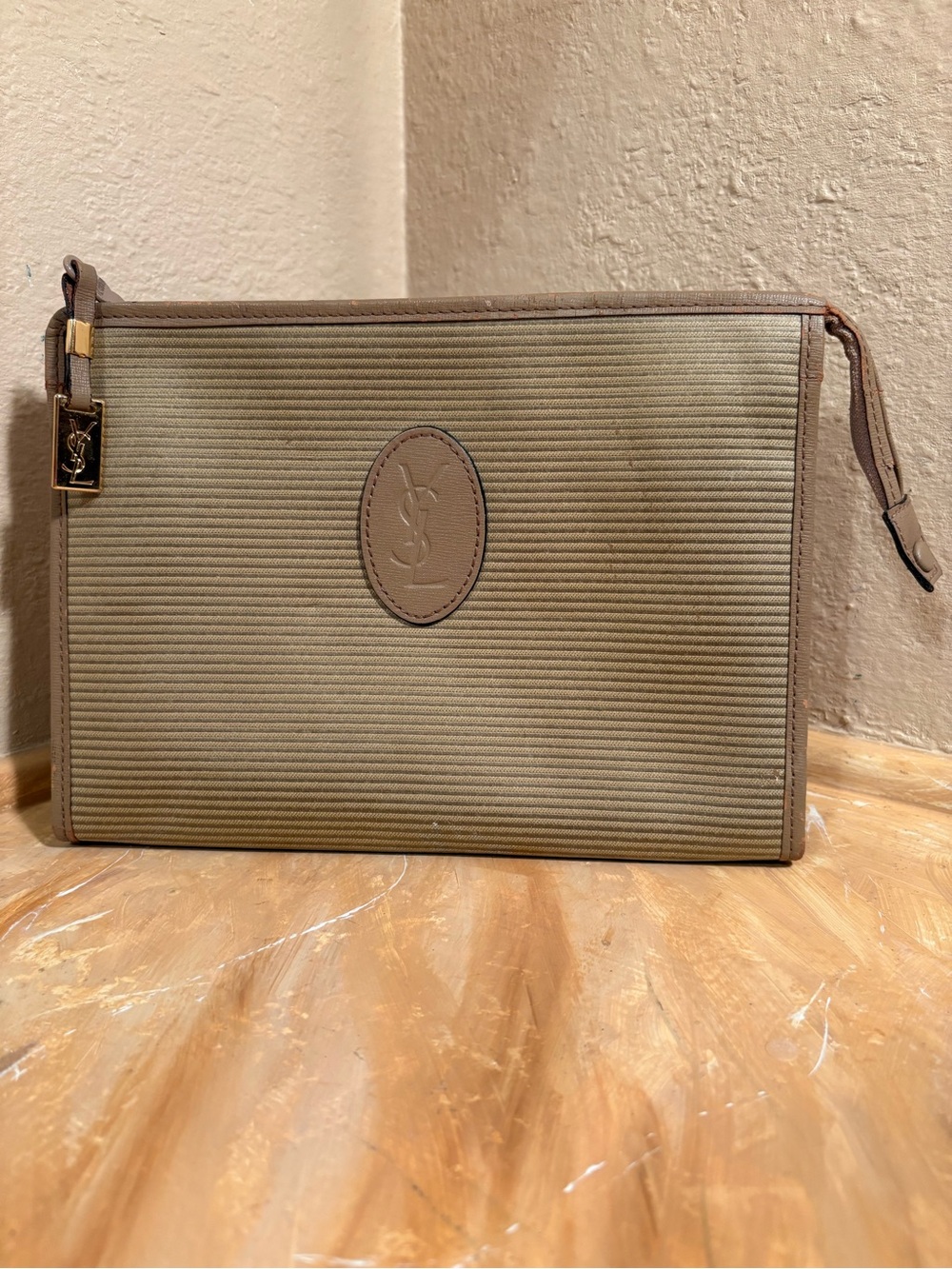 Saint Laurent Beige-Tan Canvas Toiletry Pouch